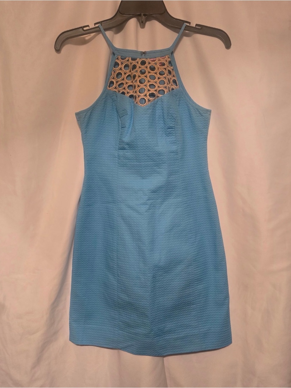 Lilly Pulitzer Larina Shift Dress Seaspray Blue Gold Lace Cutout Size 00